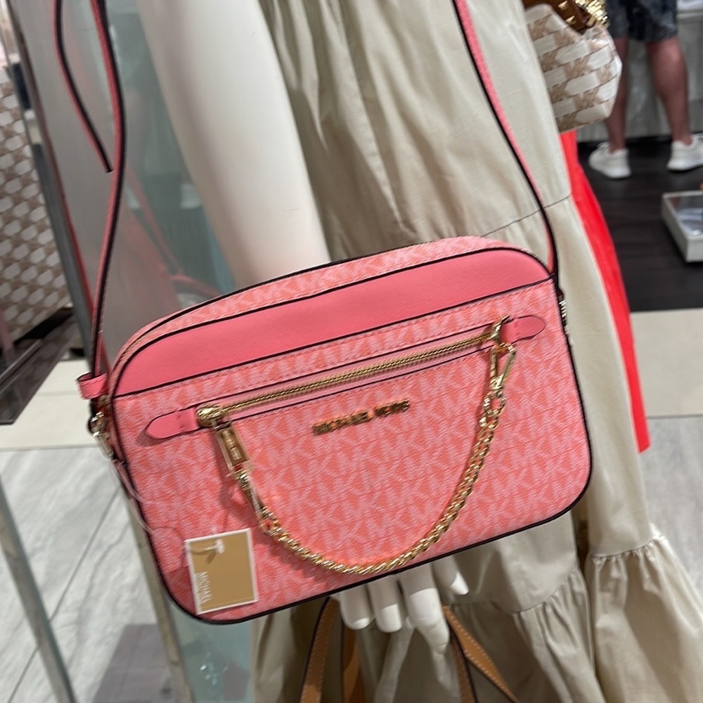 Michael Kors Jet Set Item Large East West Zip Chain Crossbody Grapefruit - Picture 12 of 16